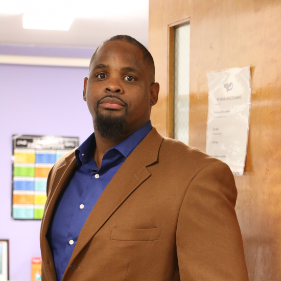 Michael Brooks, a school-based therapist for Wilder, outside his office at Ramsey Middle School