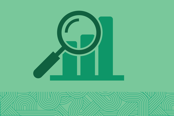 An icon of a magnifying glass looking at a bar chart on a solid green background.