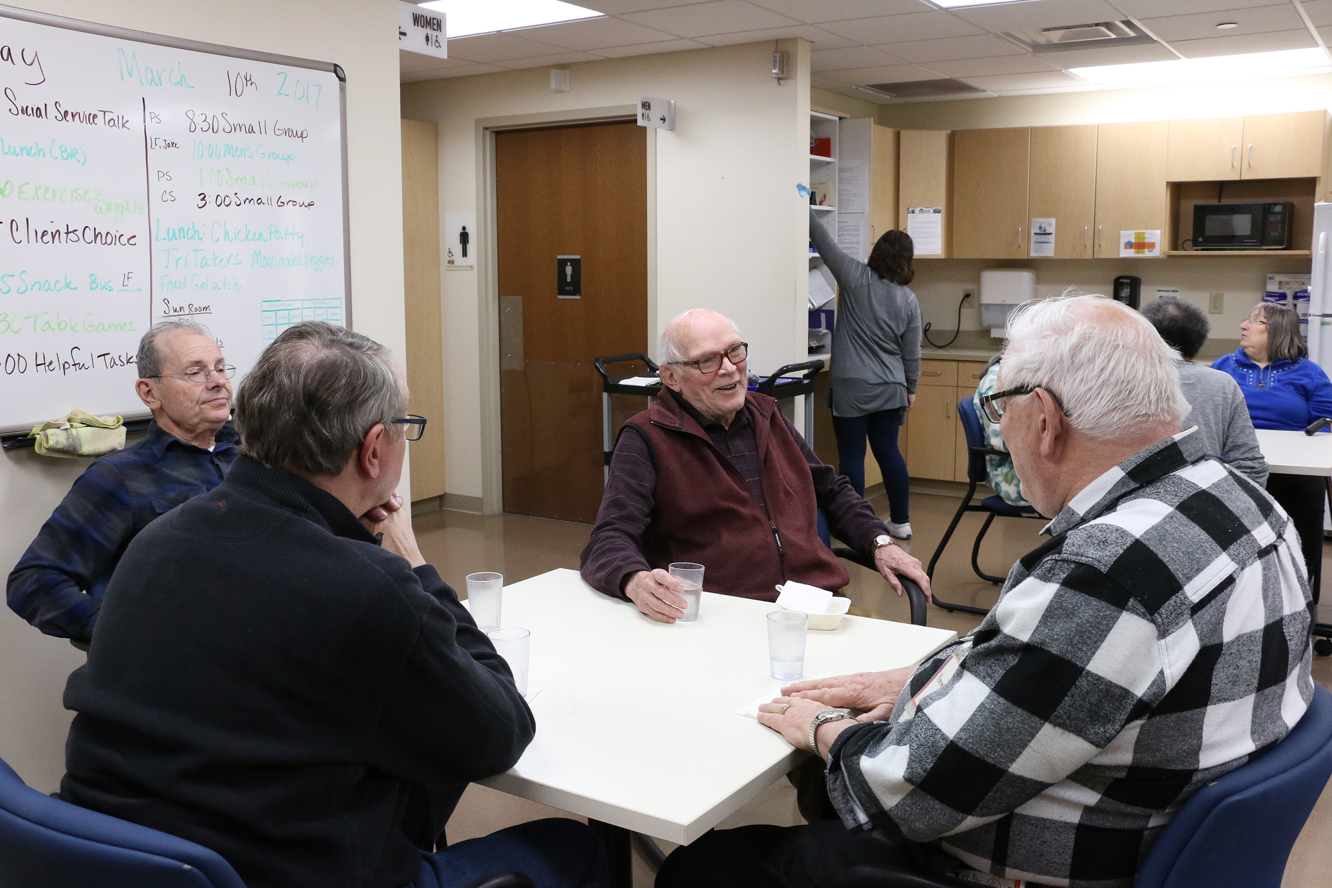 group of older adults talking, adult day health program, active programming for elders, healthy aging & caregiving, wilder foundation community center for aging