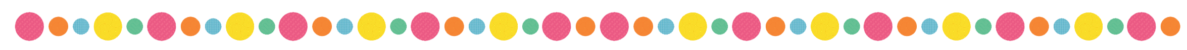 Pink, orange, blue, yellow, green circles with patterns