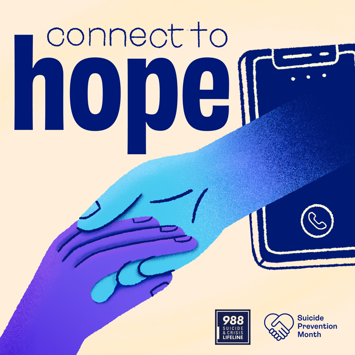 An illustrated hand extends from a smart phone to hold another hand. The words connect for hope appear across the top.