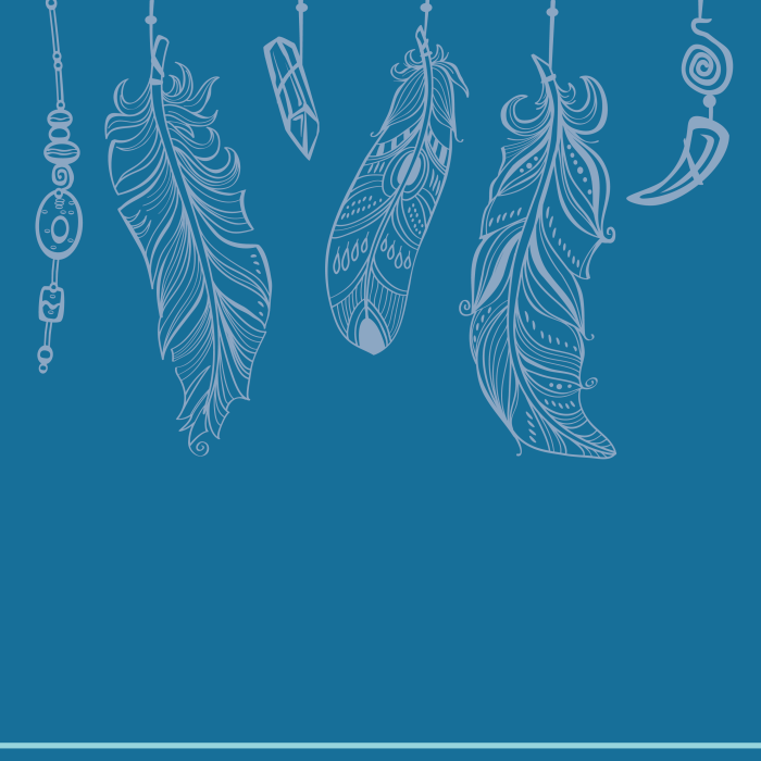 A series of feather outlines hang across a blue background