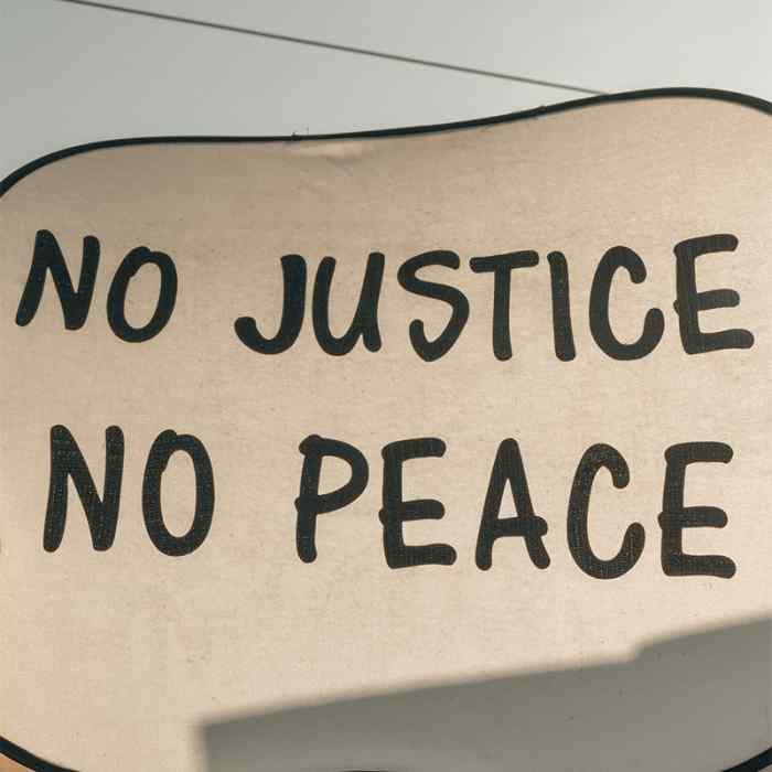 Hands hold up a sign printed with No Justice, No Peace over a crowd of people.