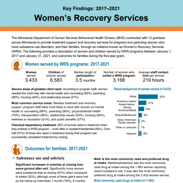 A screen capture of a report includes the heading Key findings: 2017-2021, Women's Recovery Services.