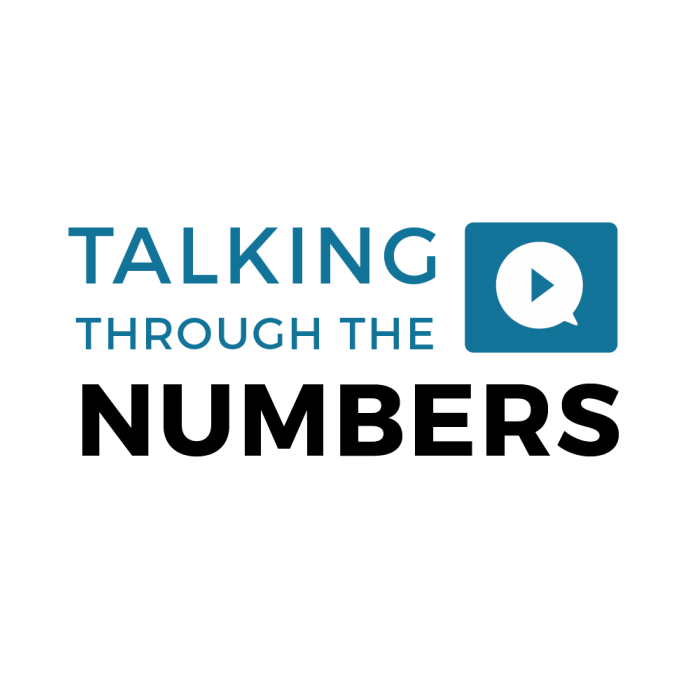 The words Talking Through the Numbers appear next to a blue box that contains a white talk bubble and a play bubble.  