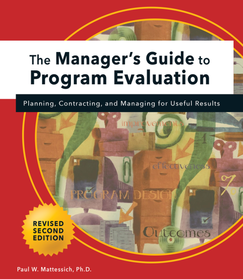 A book cover includes the words The Manager's Guide to Program Evaluation: Planning, Contracting, and Managing for Useful Results in a white box that overlays a large circle with abstract drawings of filing cabinets and tape measures, with words like outcomes and effectiveness hand lettered throughout. In the bottom corner is a yellow star that contains words Revised Second Edition. Below that is the authors name: Paul W. Mattessich, Ph.D.