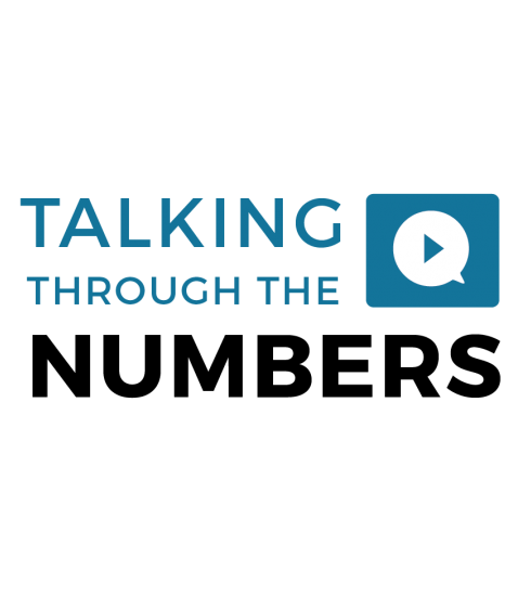 The words Talking Through the Numbers appear next to a blue box that contains a white talk bubble and a play bubble.  