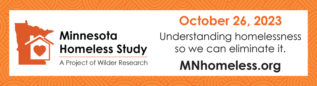 An orange, patterned border surrounds a white background on which it says Minnesota Homeless Study, a project of Wilder Research. October 26, 2023, understanding homelessness so we can eliminate it. mnhomeless.org