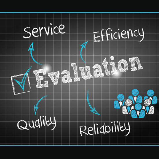 Chalkboard with Evaluation written at center and arrows pointing to service quality efficiency and reliability