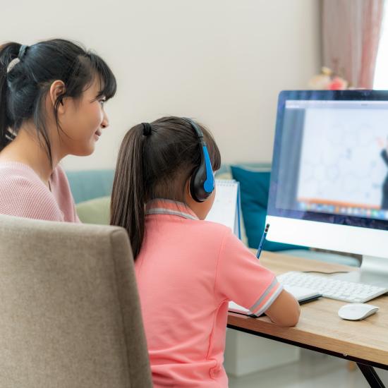 A woman and child do homework in front of a computer.