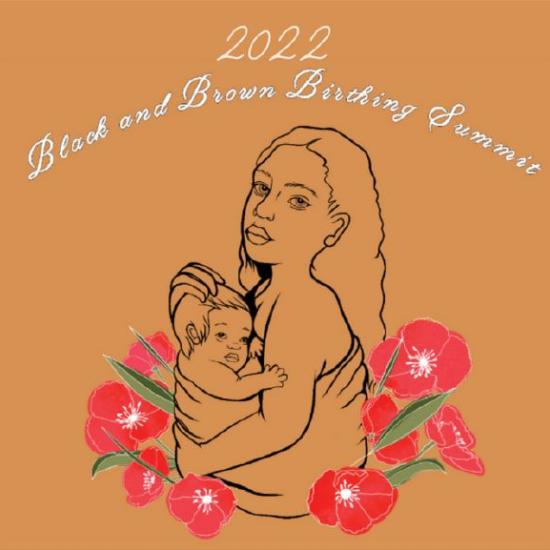 Illustration of a mother holding a baby to her chest on a brown background. Pink flowers surround the mother and baby. The works 2022 Black and Brown Birthing Summit appear in white text at the top of the illustration.