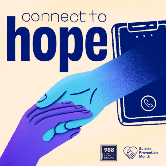An illustrated hand extends from a smart phone to hold another hand. The words connect for hope appear across the top. 