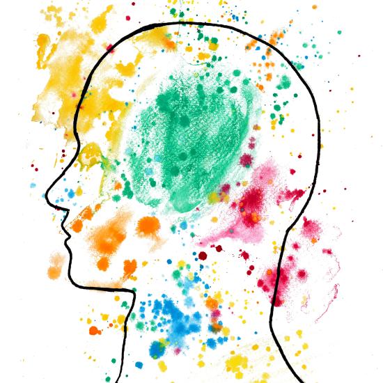 outline of person's head with paint splatters