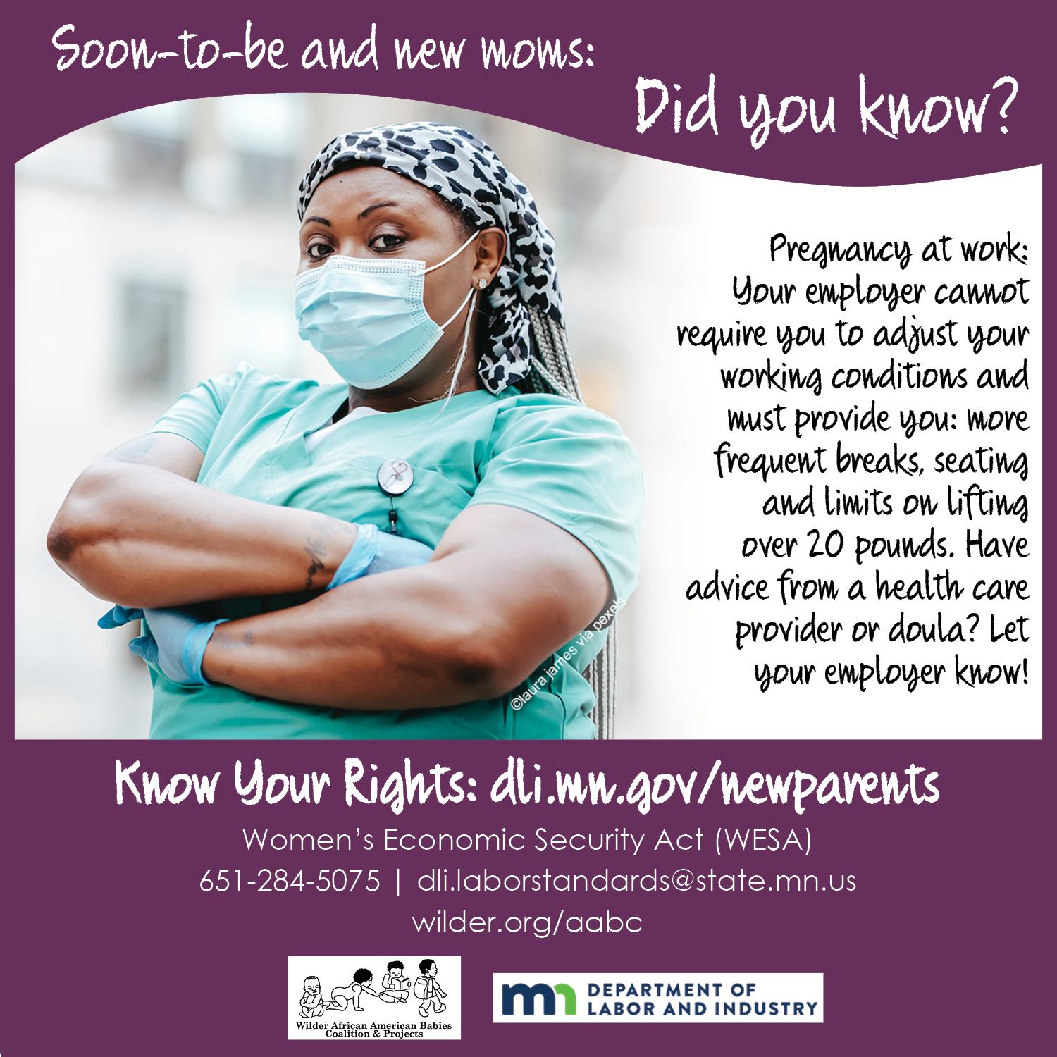 New Parents: Know Your Rights in the Workplace Women's Economic Security Act by MN Department of Labor and Industry and Wilder's African American Babies Coalition and Projects