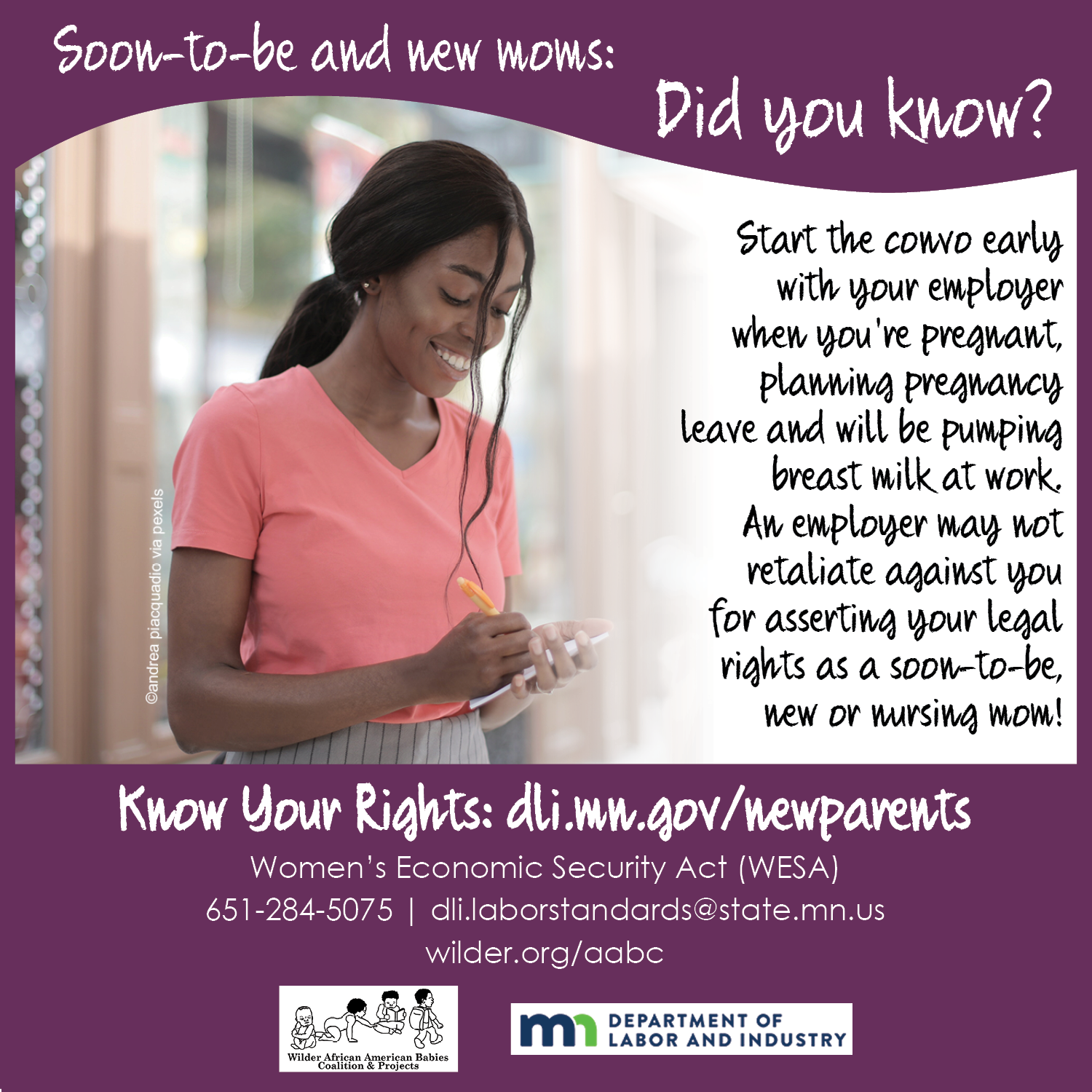 New Parents: Know Your Rights in the Workplace Women's Economic Security Act by MN Department of Labor and Industry and Wilder's African American Babies Coalition and Projects
