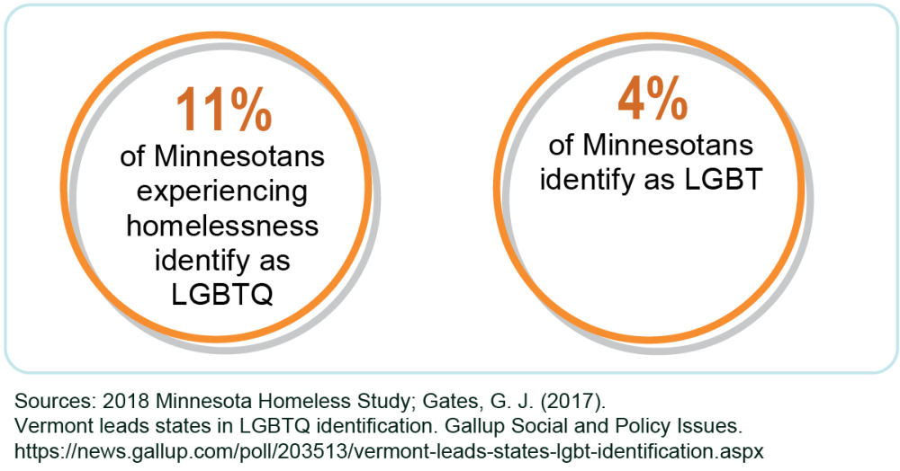 Two adjacent circles show: 11% of Minnesotans experiencing homelessness identify as LGBTQ, while 4% of Minnesotans overall identify as LGBT.