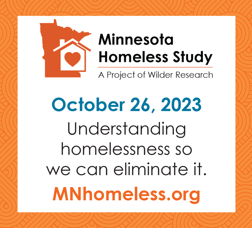 An orange patterned box surrounds the words Minnesota Homeless Study, a project of Wilder Research. October 26, 2023, understanding homelessness so we can eliminate it. mnhomeless.org