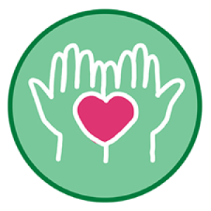 green circle with outline of hands and heart in center