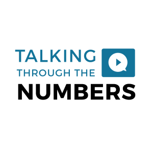 The words Talking Through the Numbers appear next to a blue box that contains a white talk bubble and a play bubble.  