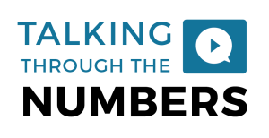 The words Talking Through the Numbers appear next to a blue box that contains a white talk bubble and a play bubble.  