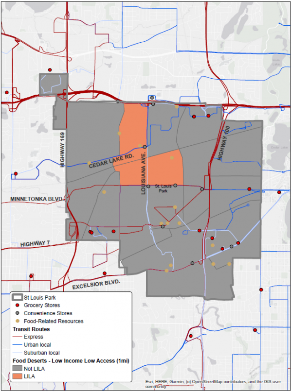 Map of St. Louis Park, Minnesota showing two federally designated food deserts