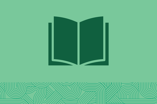 An icon of an open book floats on a solid green background.