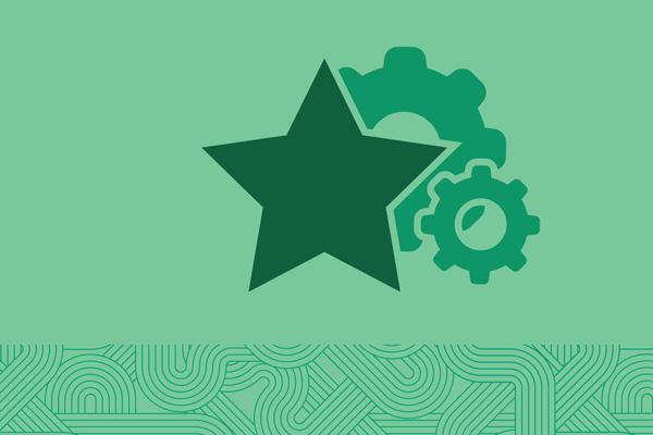 Icons of a star and gears float on a solid green background.