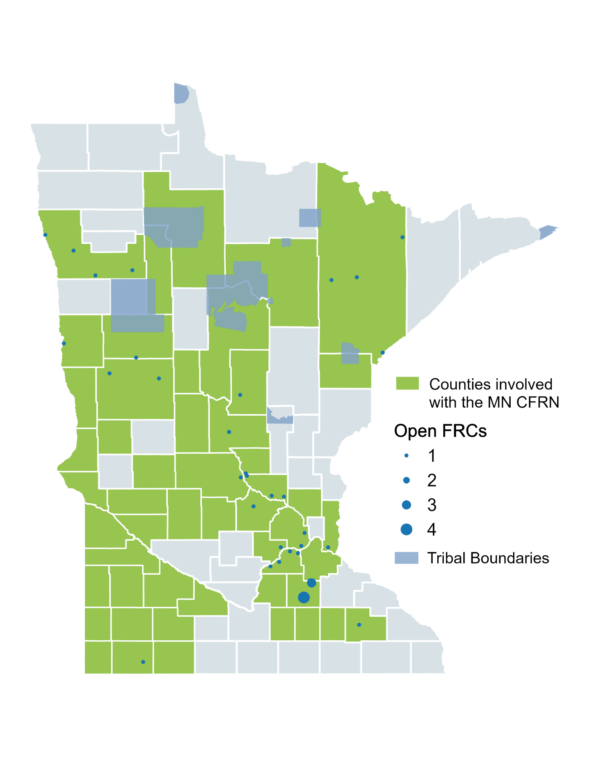 A map of Minnesota showing locations of Family Resource Centers